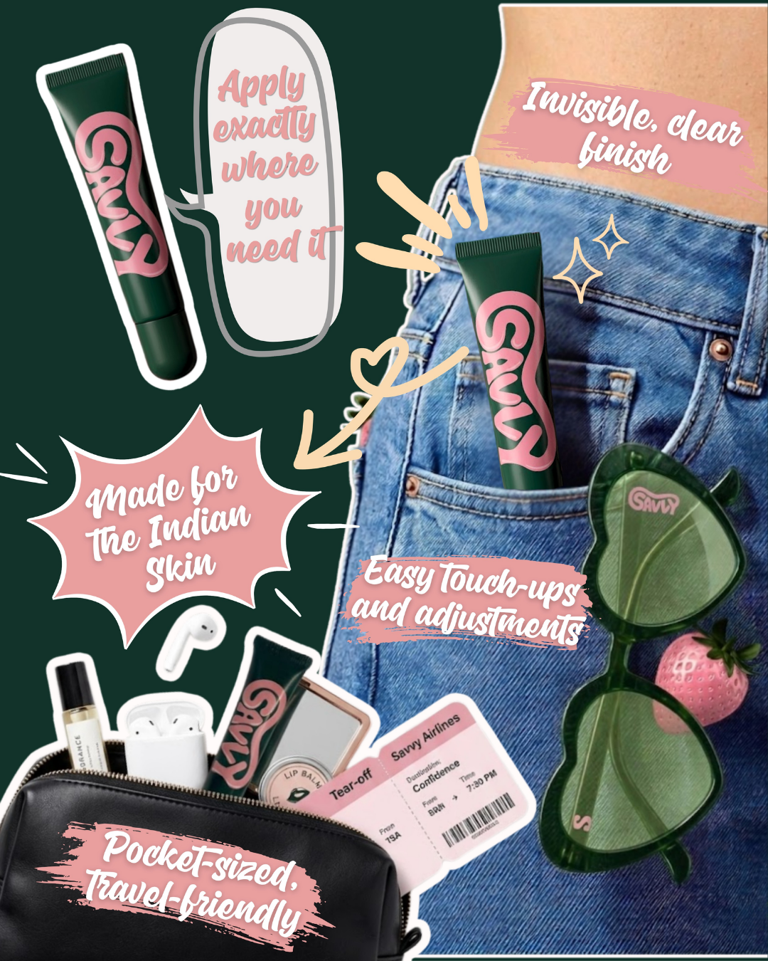 Savvy Body Glue features - invisible finish, travel friendly