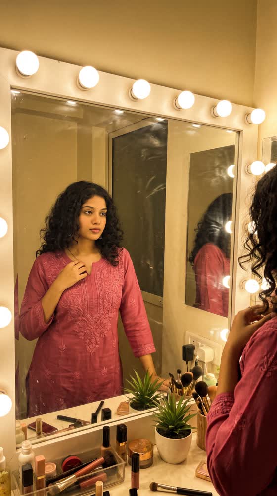A customer getting ready at a lit vanity mirror.